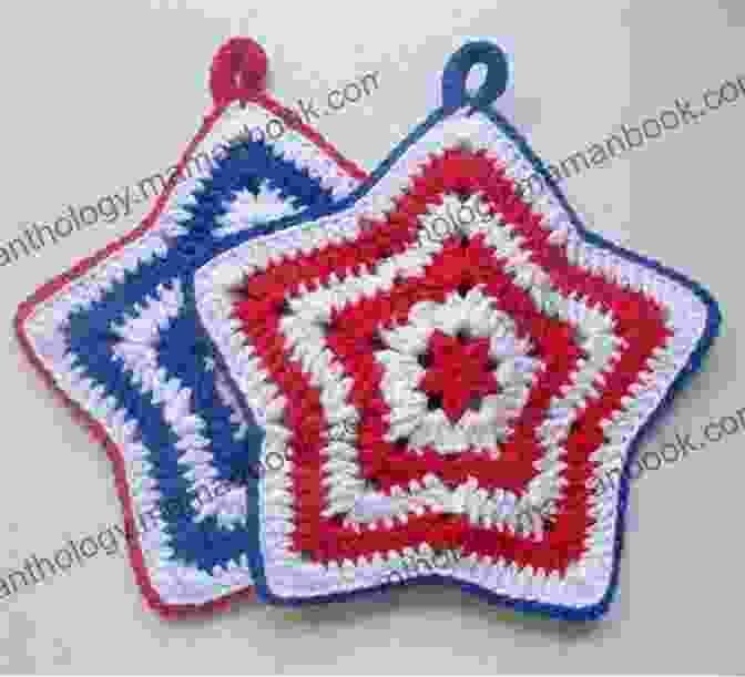 A Potholder Adorned With Crocheted Stars In Shades Of Blue And White Potholder Crochet Pattern Joosr